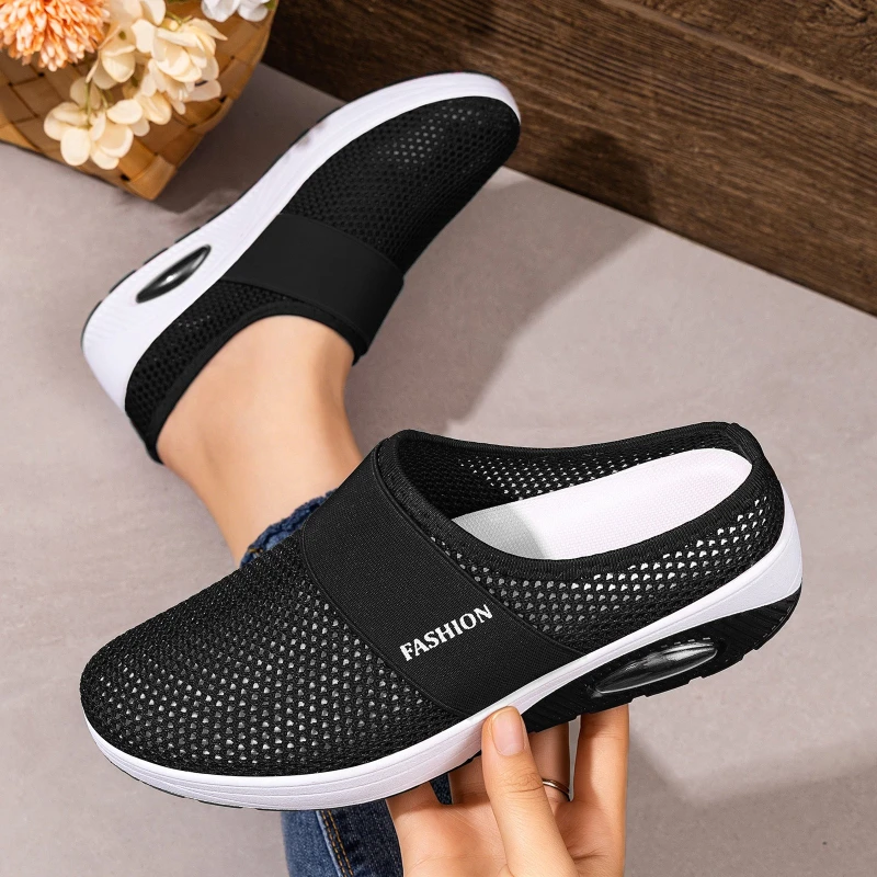 

Women Hollow Mesh Mules Slip On Air Cushion Wedge Platform Walking Shoes Breathable Backless Casual Mom Sneakers Plus Size