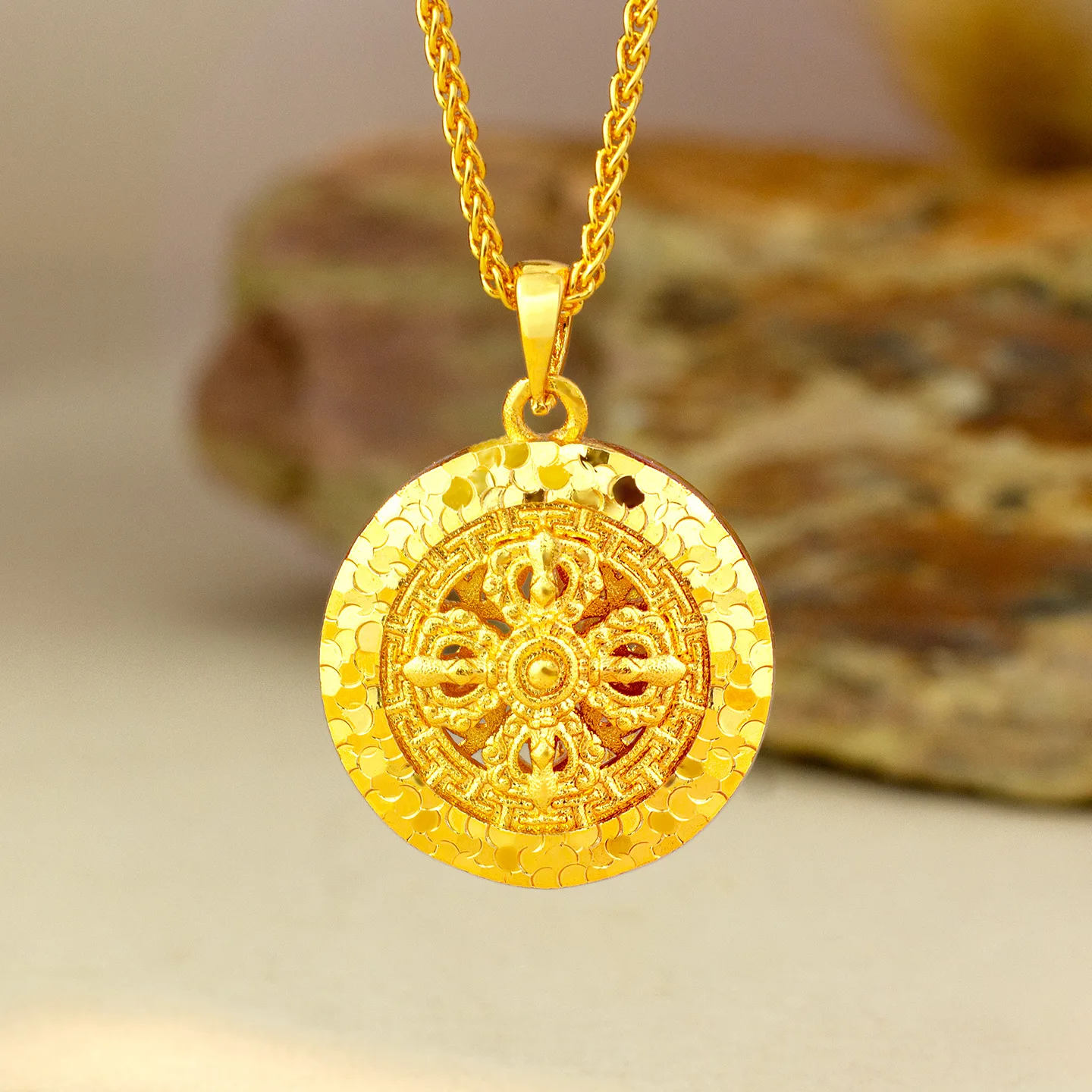 

Luxury 24K 9999 Pure Gold real gold Women's Crushed Ice Round Pendant Clavicle Chain