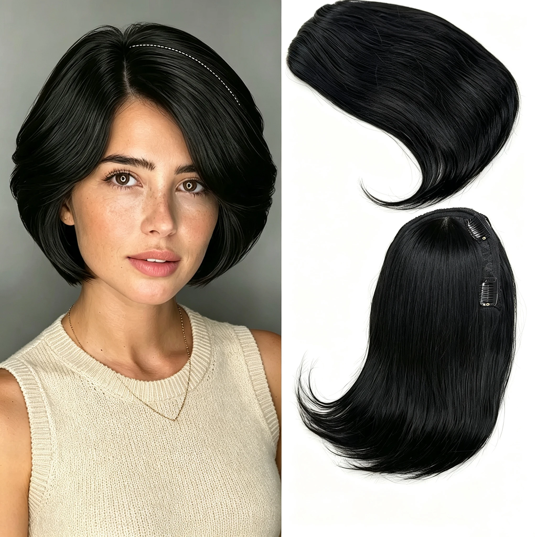 Women's 100% Human Hair Slightly Curled Straight Hair Topper,Side Forehead Part  Hairline Cover Toppers Hairpiece Extensions