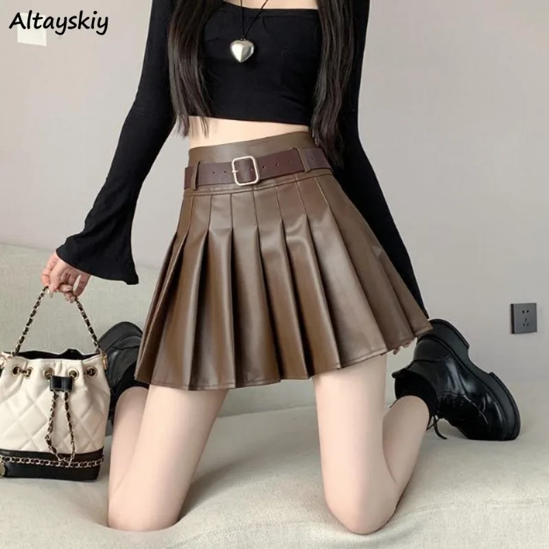 

PU Pleated Skirts Vintage Hotsweet Autumn Chic Y2k Solid All-match Streetwear Classic Mujer Casual High Waist Tender New Ulzzang