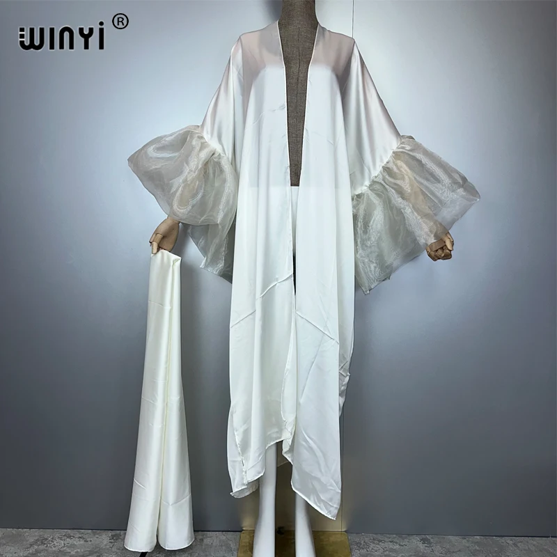 WINYI Abito da festa estivo Kimono Abbigliamento da spiaggia Costume da bagno Cover up Africa donna maniche a sbuffo (ed) Cardigan monocromatico Caftano da vacanza