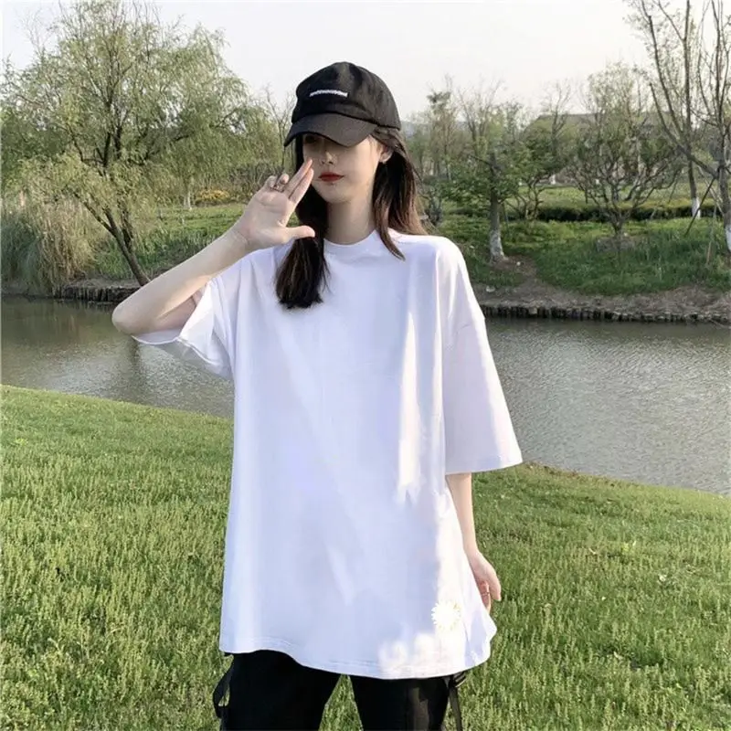 

Pure Cotton Short Sleeved T-shirt for Women Round Neck Oversize Loose Casual College Style Ins Top Summer New