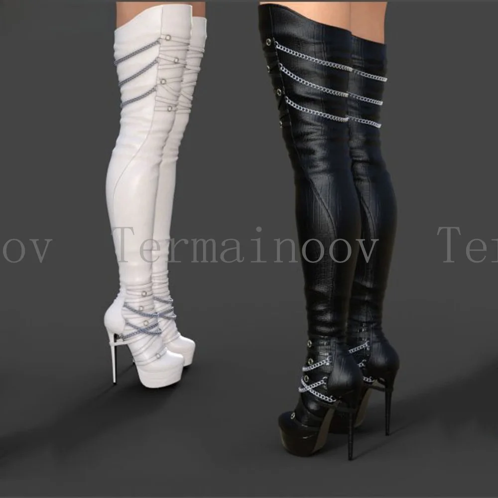 

Sexy Women Fashion Over The Knee Boots Platform Stiletto Heels Long Boots Round Toe Chain Decor Black Boots Stage Show Shoes