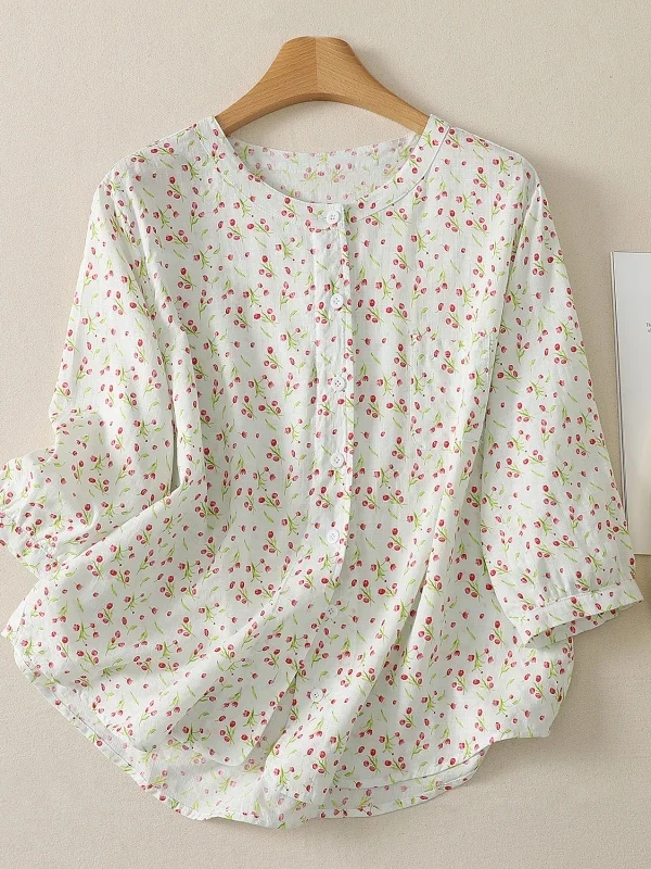 

Floral Print Short Sleeve round Neck Shirt Women's plus Size Casual Artistic Style Breathable Summer Top Anti-Aging