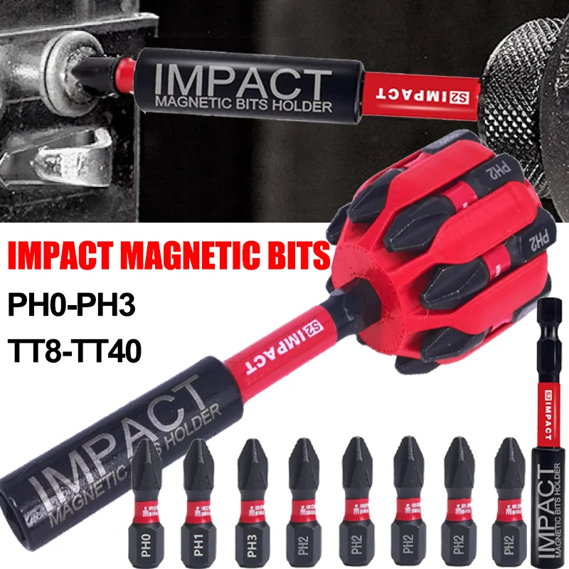 

TT/PH Hex Shank Driver Impact Screwdriver Bits Cross Head S2 Steel Magnetic Drill Bits Set with Bit Holder Power Drilling Tools