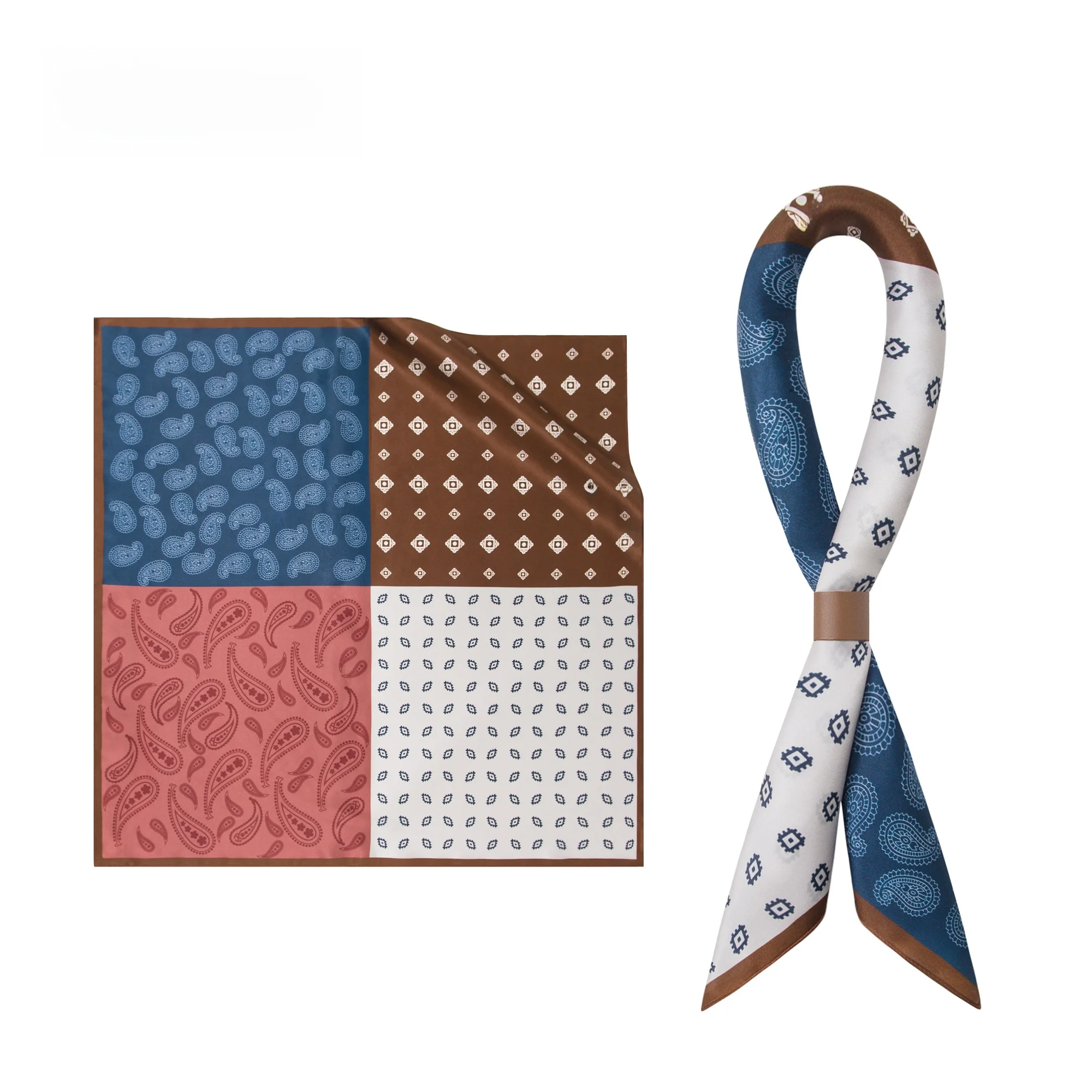 おしゃれなシルクスクエアスカーフ-メンズビジネスネクタイ-デイリー通勤スタイル-ウォルナットフラワーパターン-多機能スカーフ