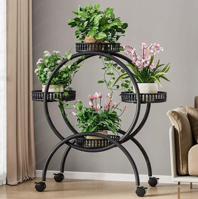 Wrought Iron Multi-layer Flower Stand with Wheels, Floor-to-ceiling Four-layer Reinforced Model