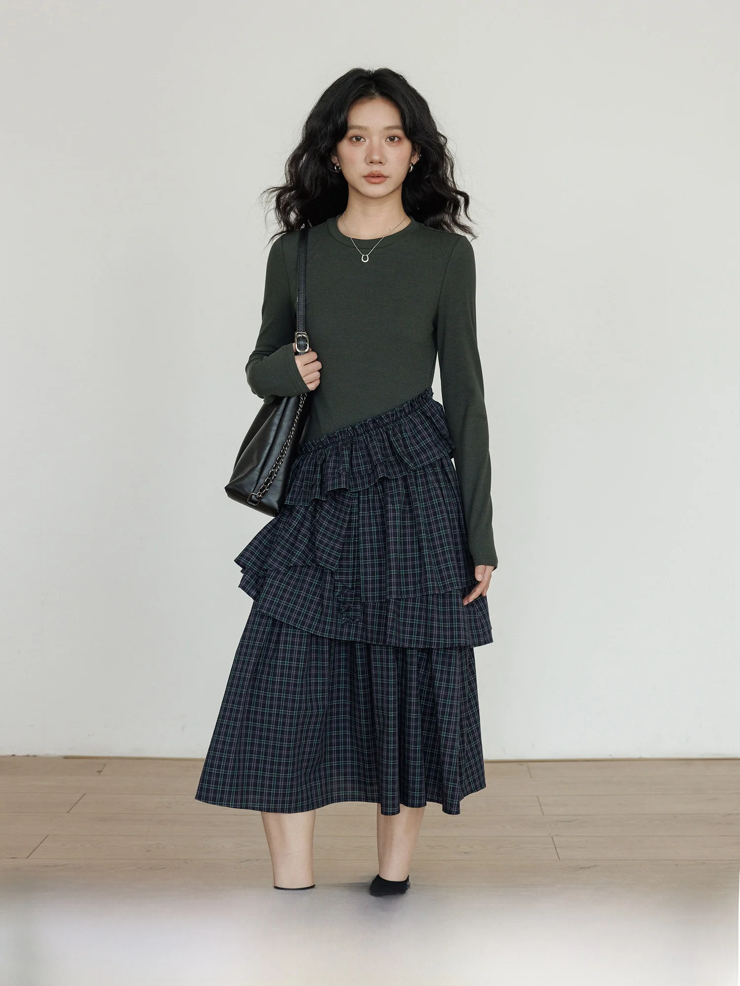 

Slim Fit Long Sve round Ne Spring Dr Women's Plaid Cake Skirt 2026 New Sle Ci Commute Casual Cotton Blend Dr