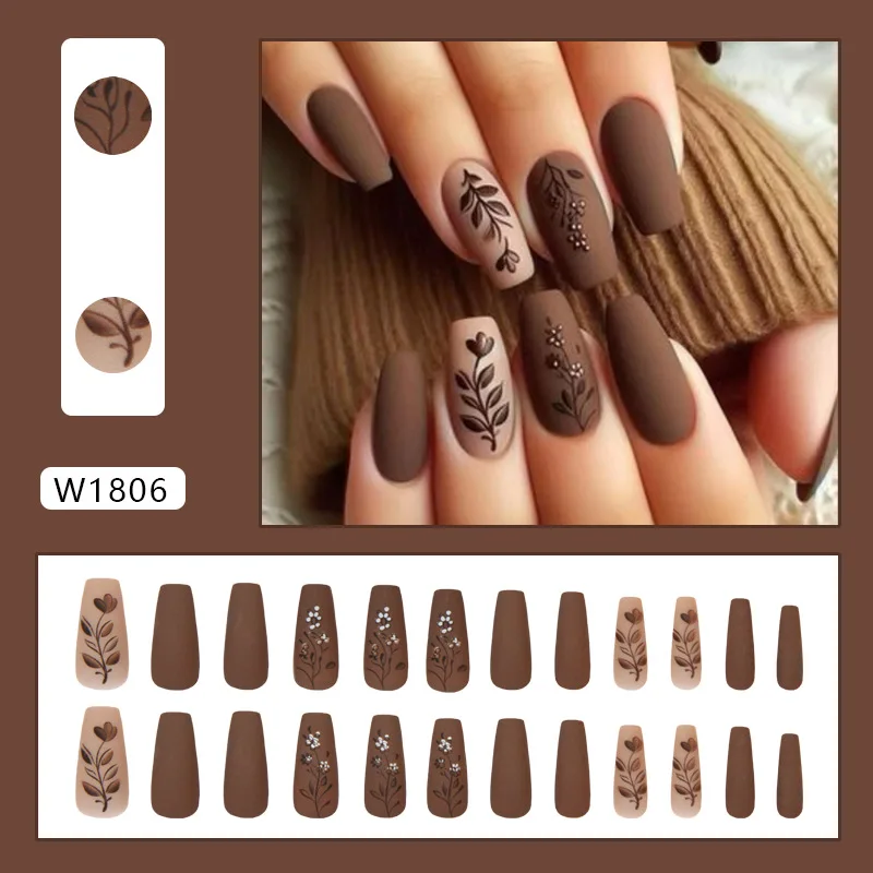 24pcs Autumn Press on Nails Flower Press on Nails Plants Fake Nails with Brown Yellow Leaves Design Full Cover Acrylic Nails Tip