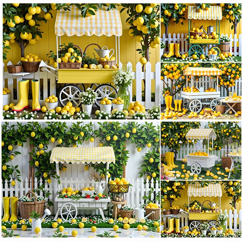 Fondo de fotografía para fiesta de cumpleaños de niños, cabina de carrito de limón, tienda temática, soporte de fruta, planta verde limón, valla blanca, jardín