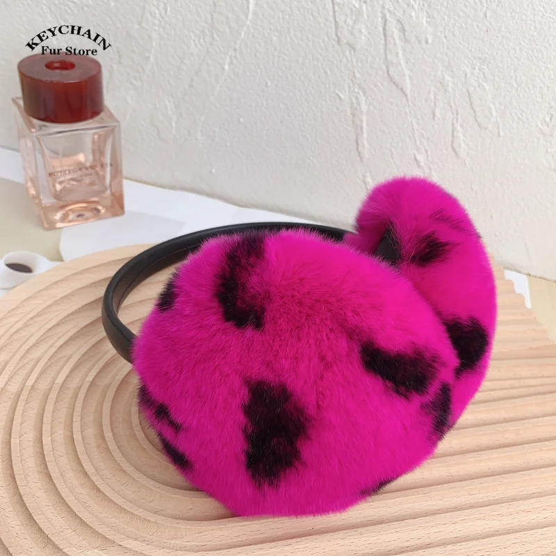 Winter Earwarmers Leopard Ear Muffs for Women Soft Warm Furry Real Rex Rabbit Ear Covers for Cold Weather Fur Eramuffs