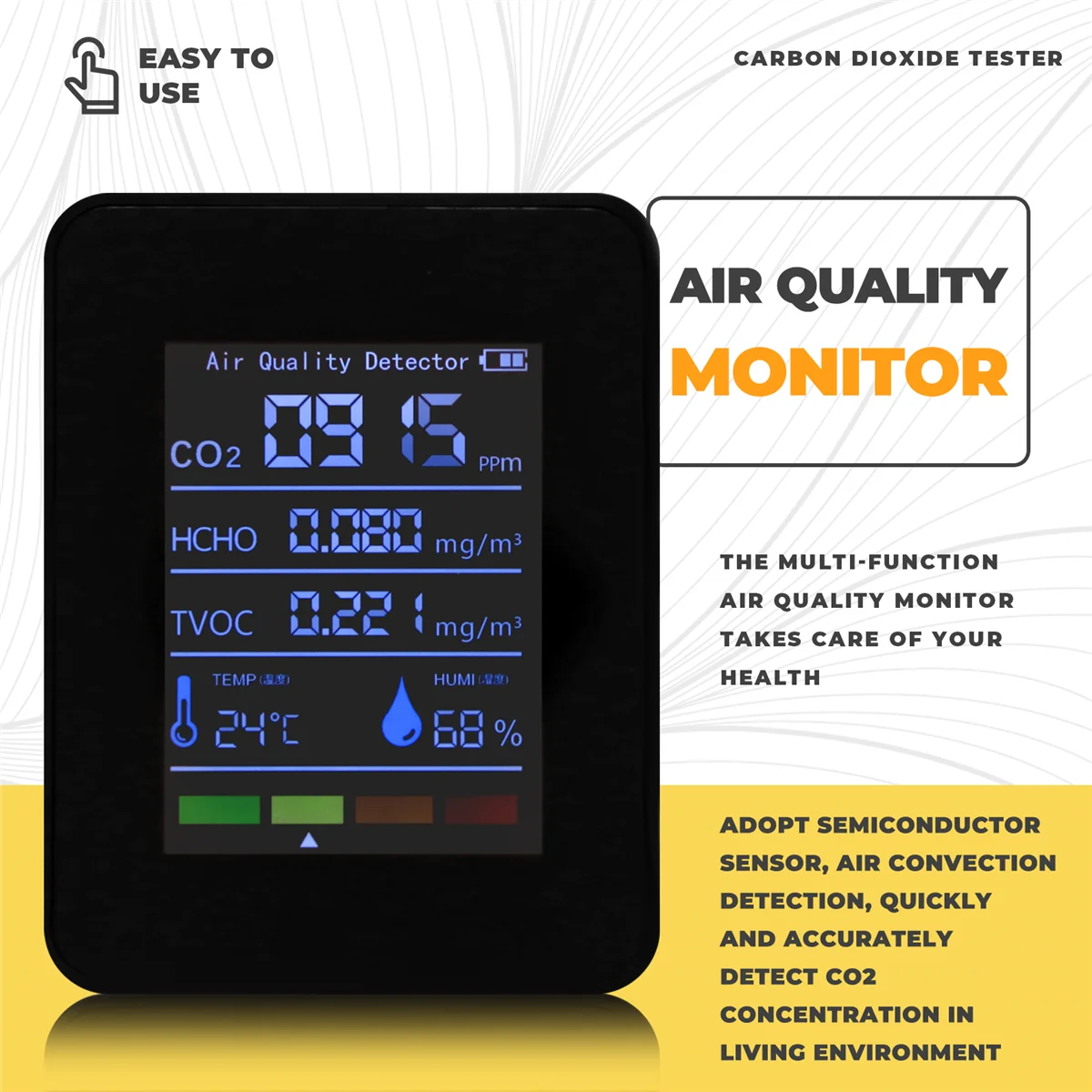 Hot New 5 in 1 Air Quality Monitor TVOC HCHO Temperature Humidity CO2 Meter, USB Rechargeable CO2 Detector Black