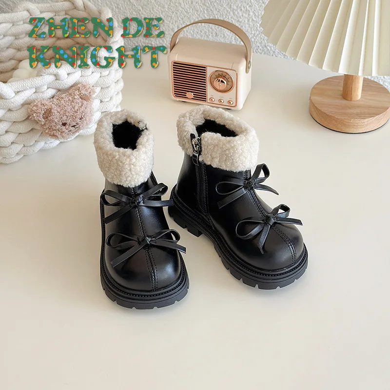 

Новинка 202, обувь принцессы для девочек, модные сапоги с милым бантом, теплая стильная обувь для маленьких девочек