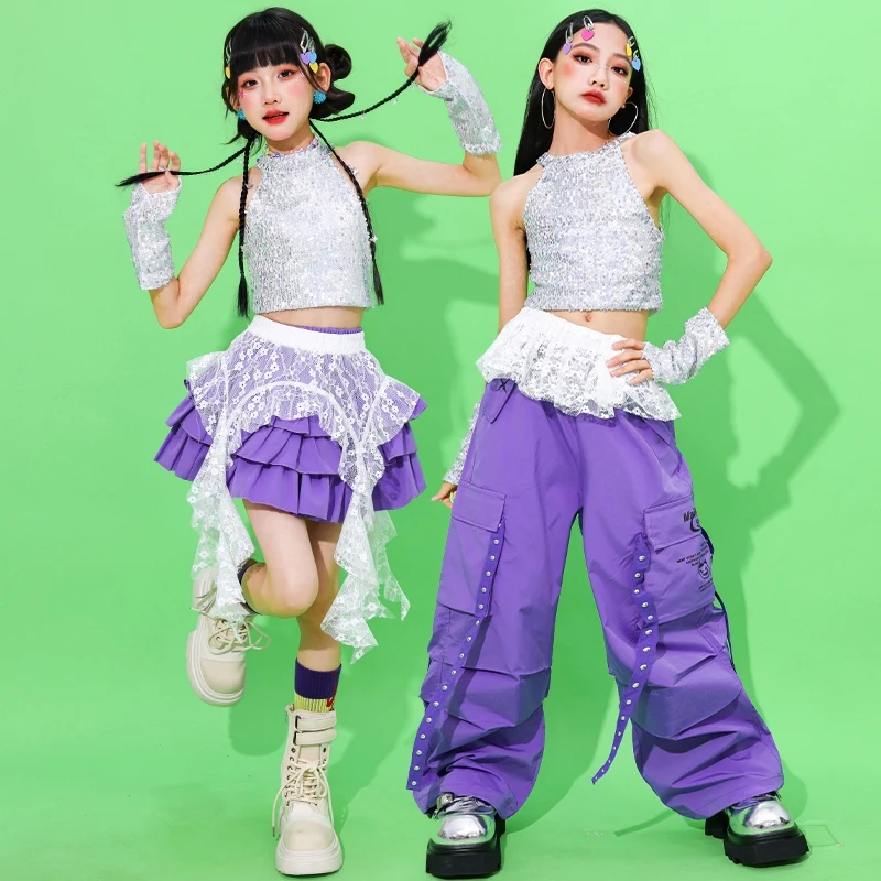 Pailletten Jazzdans Kleding Meisjes Toneelkostuum Kpop Outfit Paars Hip Hop Broek Taart Rok Kid Fashion Street Dancewear AMY2297
