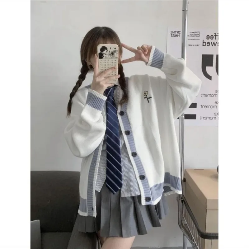 Autumn Winter Preppy Style Knitting Cardigan Women Simplicity Embroidered Solid Color Sweater Coat Sweet All-match Knitwear Tops