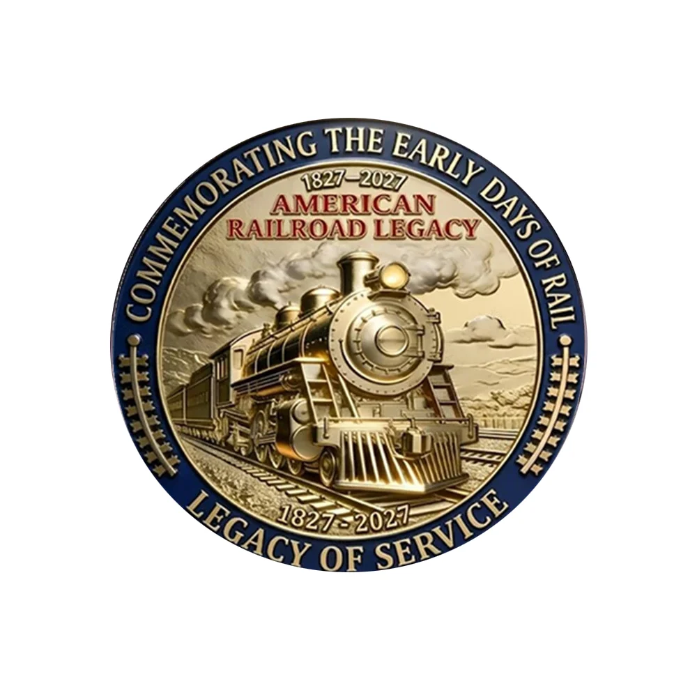 Flat Stainless Steel Glass Brooch American Railroad Legacy 1827-2027 Steam Train Vintage Commemorative Lapel Pin