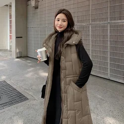 Long Parkas Vest for Women Autumn Winter 2023 New Korean Fashion Sleeveless Hooded  Down Cotton Jacket Thicken Warm Elegant Coat