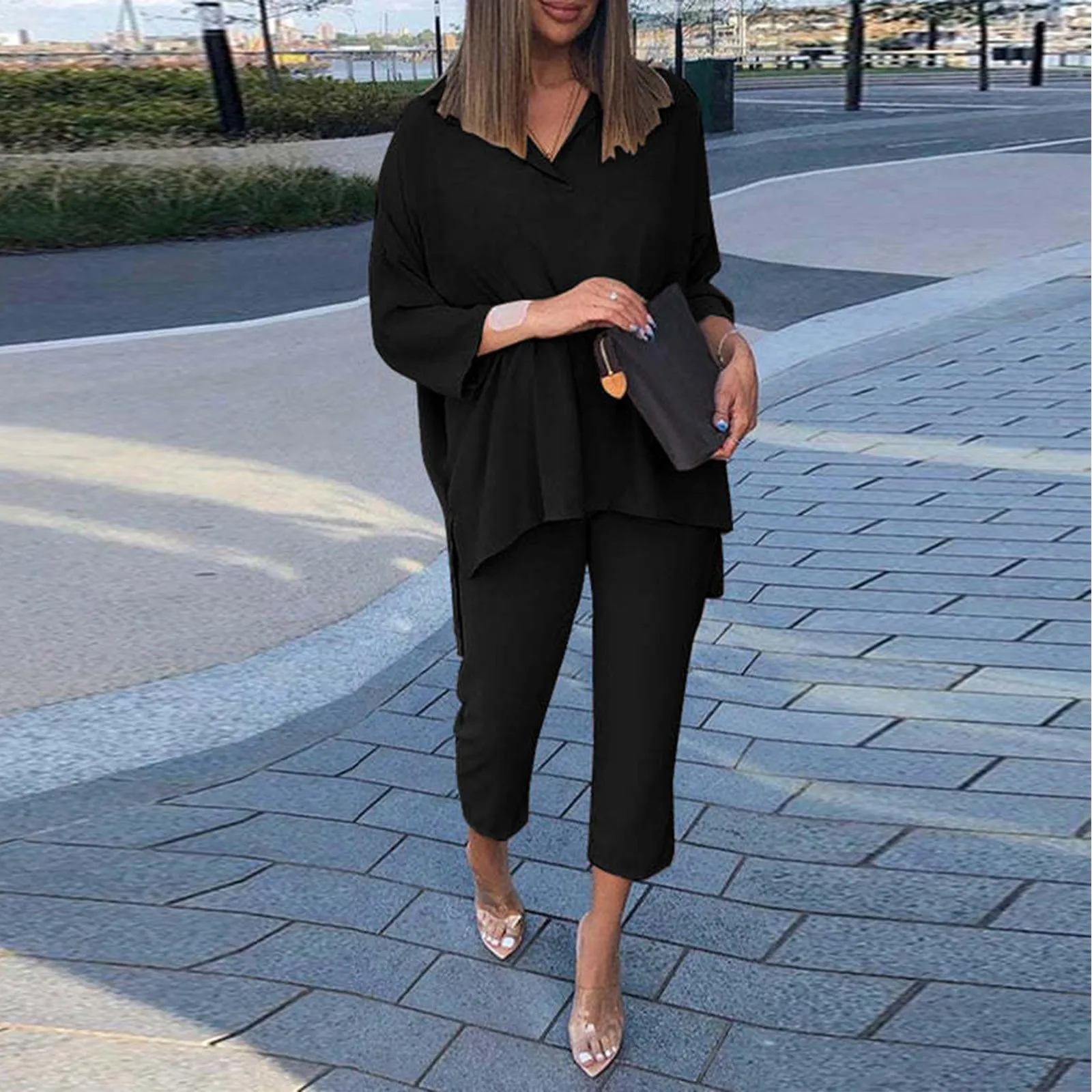 Womens Urban Outfits Solid Color Suit V Neck Nine Point Sleeve T Shirt Blouse Nine Point Pants Suits Two Piece Loose Sets Mujer