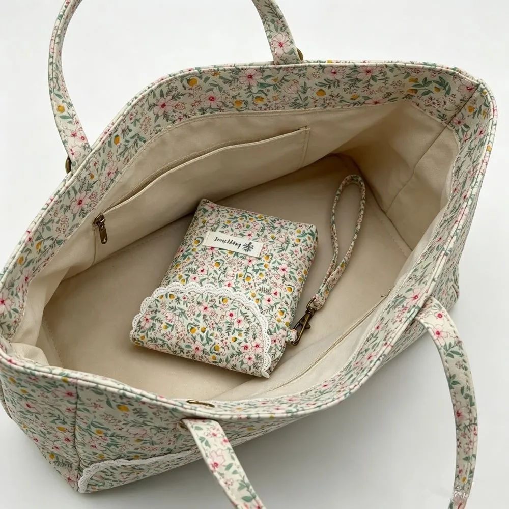 Multi-functional Cotton Sanitary Napkin Storage Bag Pastoral Style Large Capacity Cosmetic Bag Floral Handbag for Women Girls