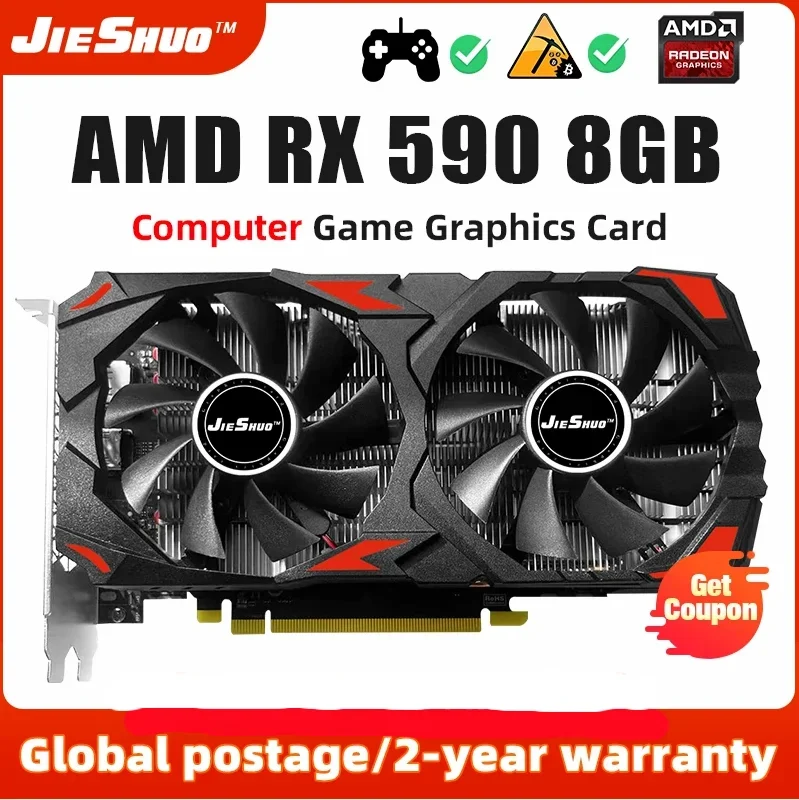 JIESHUO AMD rx 590 8GB GME Version Video graphics Card GDDR5 GPU 256bit rx590 8g for desktop computer board games, office