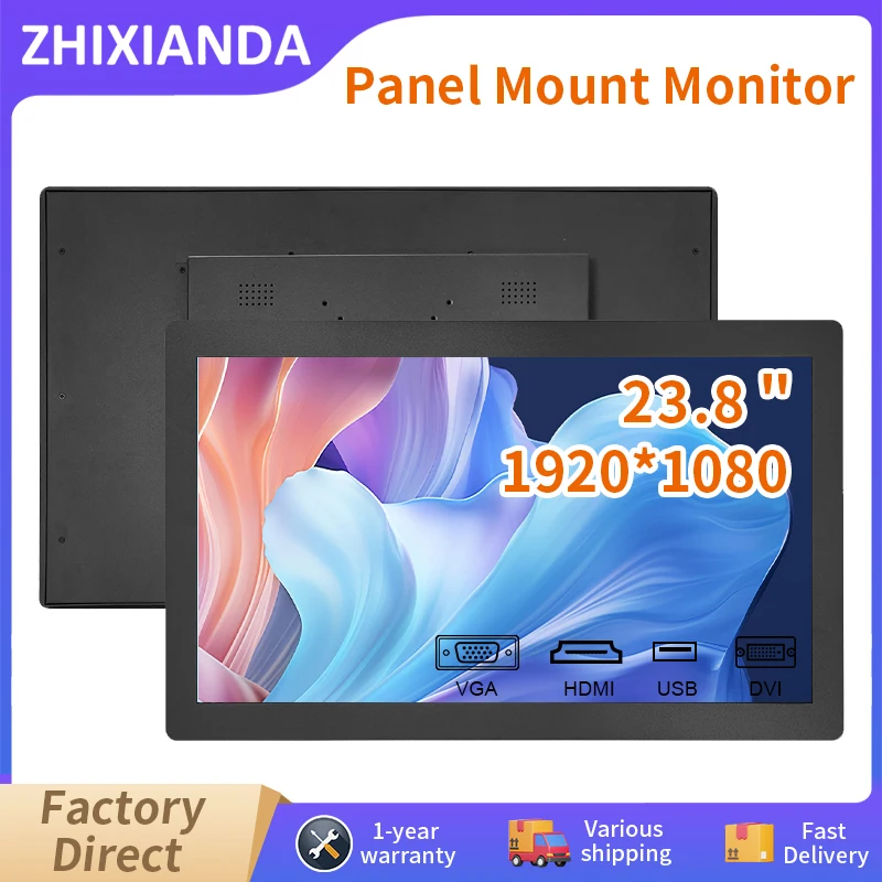 Zhixianda 23.8 Inch Embedded Capacitive Touch Screen Monitor 1920x1080 Panel Mount Industrial LCD Display with HDMI VGA DVI