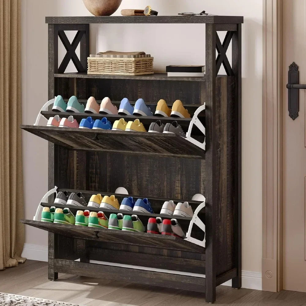 

Shoe Cabinet with 2 Flip Drawers, Entryway Shoe Storage Cabinet Open Shelve, Free Standing Hidden Shoe Rack Storage for Entryway