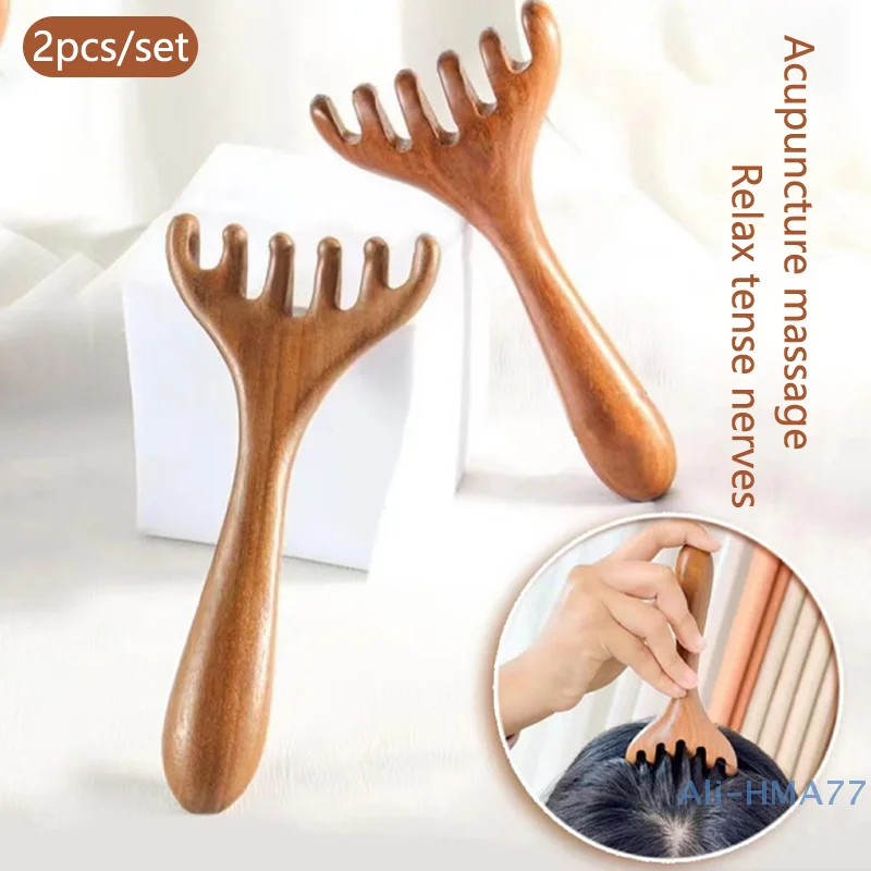 2pcs Natural Wooden Wide Tooth Long Handle Comb Meridian Massage Anti-static Head Six Claw Massager Promote Blood Circulation