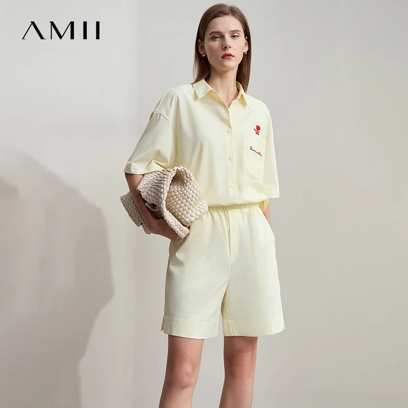 

Amii Top For Women Minimalist New Summer Commuting Turn Down Collar Drop Shoulder Sleeve Rose Letter Embroidery Blouse 12522072