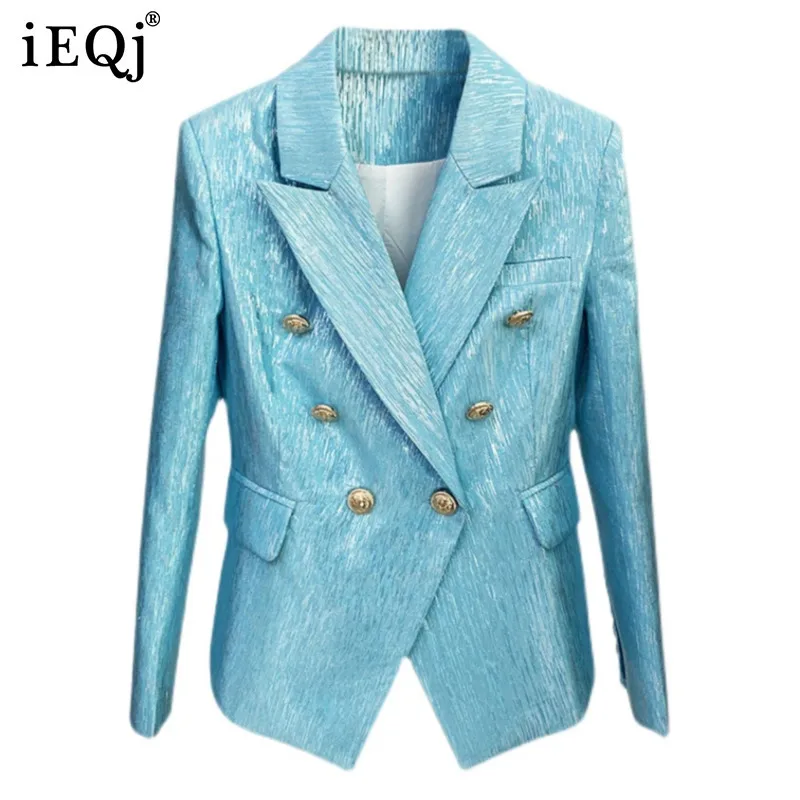 IEQJ Bright Silk Women Jacket Long Sleeves Lapel Double Breasted Slim Solid Fit 2025 Spring New Fashion Suit Coat Female 36A1041