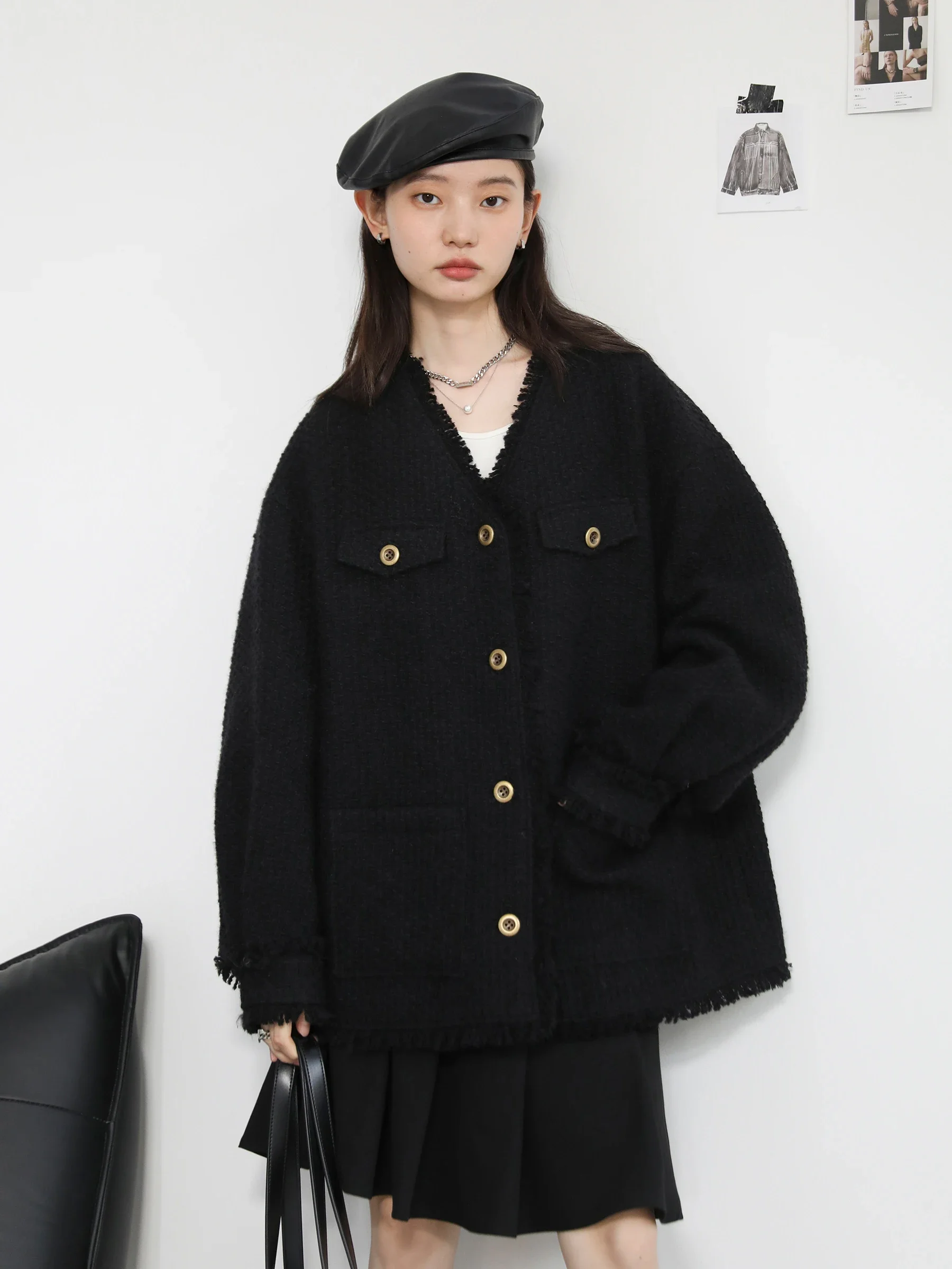 CHIC VEN Fashion Women\'s Woolen Jacket Loose Black V-neck Office Ladies Coat Single Breasted Female Outerwear Autumn Winter 2024