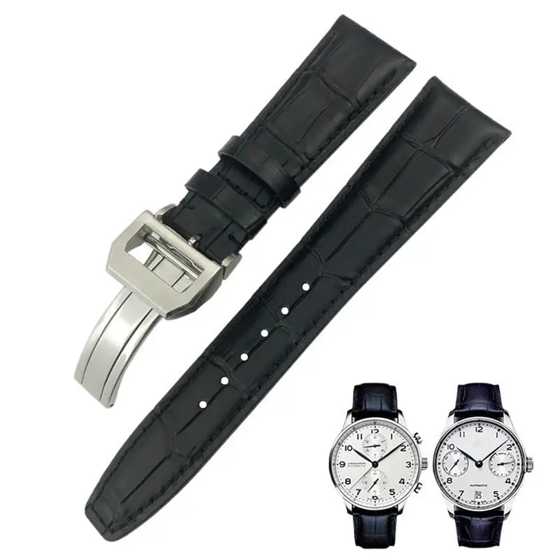 

HAODEE 20mm 21mm 22mm Curved End Genuine Cow Leather Watchband Replacement for IWC Portugieser PILOT'S Watches Folding Buckle