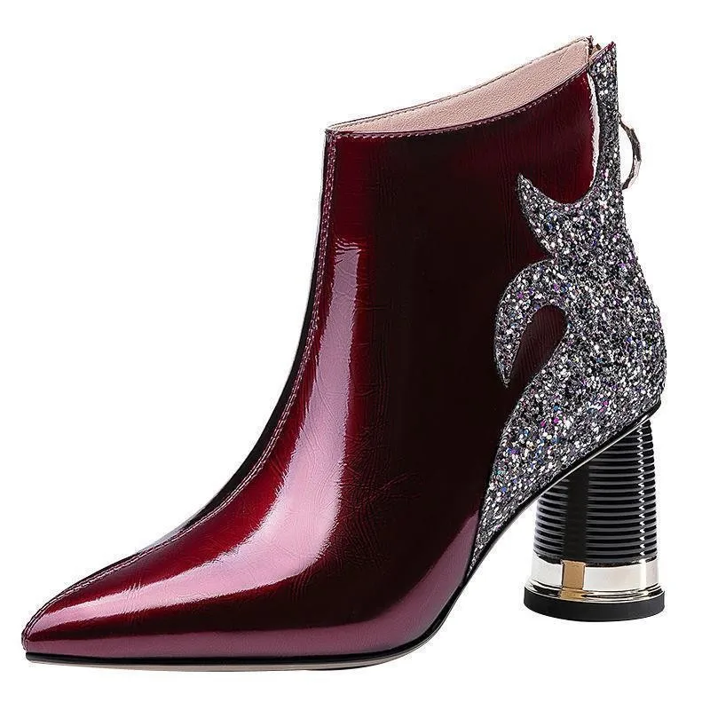 

ZXRYXGS Large Size Lacquered Leather Sequin Rhinestone Pointed Fashion Boots for Women 2024 Elegant Thick with High Heeled Boots