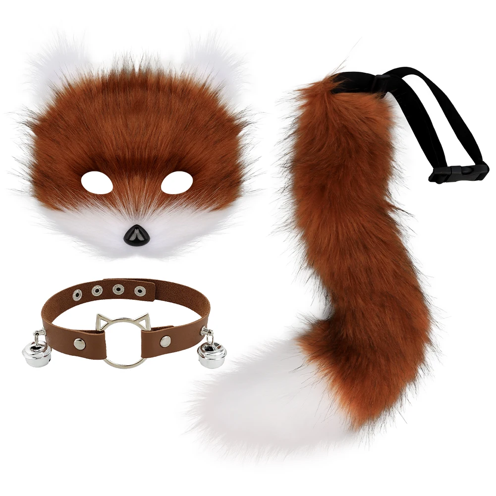

Комплект костюма рождественской лисы из 3 предметов — регулируемый плюшевый хвост, воротник-колокольчик, маска лисы, для косплея, маскарадной вечеринки и повседневной наряды