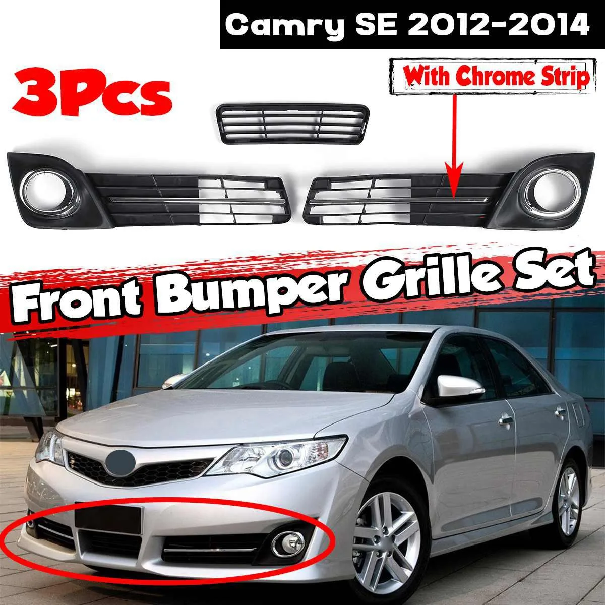 ABS Plastic 3Pcs Car Front Bumper Lower Grille Grill Fog Lamp Cover Bezel Set for Toyota Camry SE 2012 2013 2014