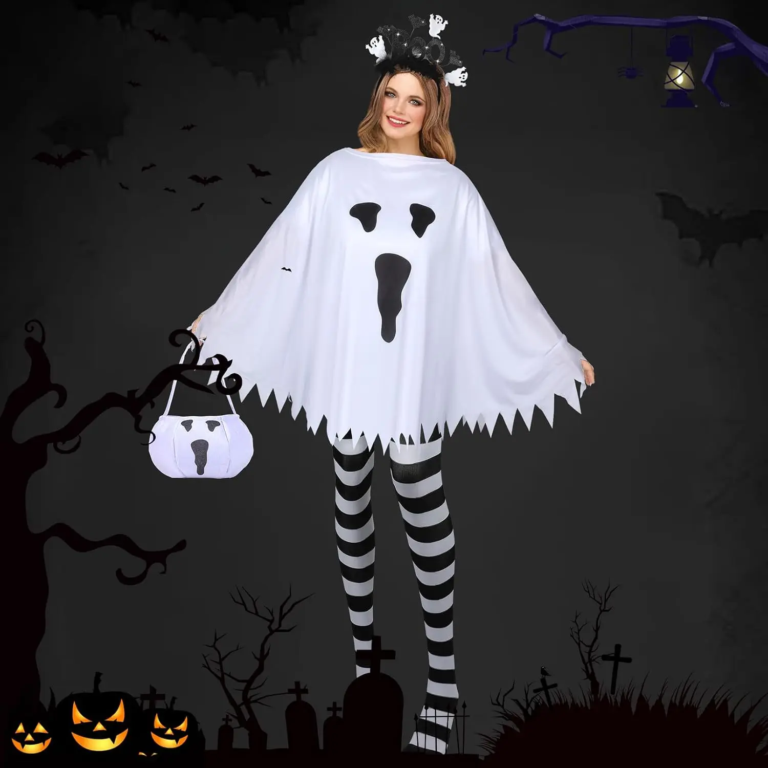 Halloween Costume Set for Women Adult Ghost Costume, Ghost Poncho, Candy bag Headband and Nylon Striped Tights