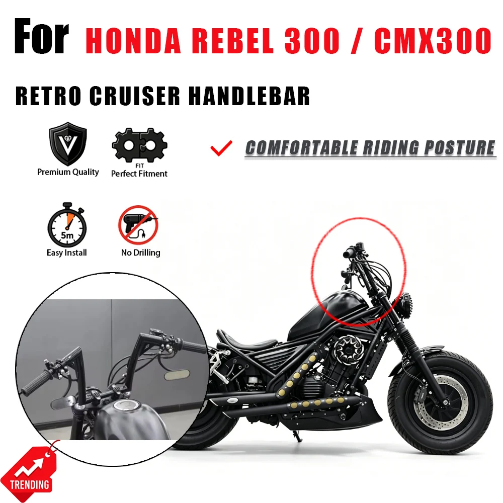 For Honda Rebel 300 CMX300 CM300 Motorcycle Handlebar High Rise Tapered Variable Diameter Pullback Accesorios Manillar Moto