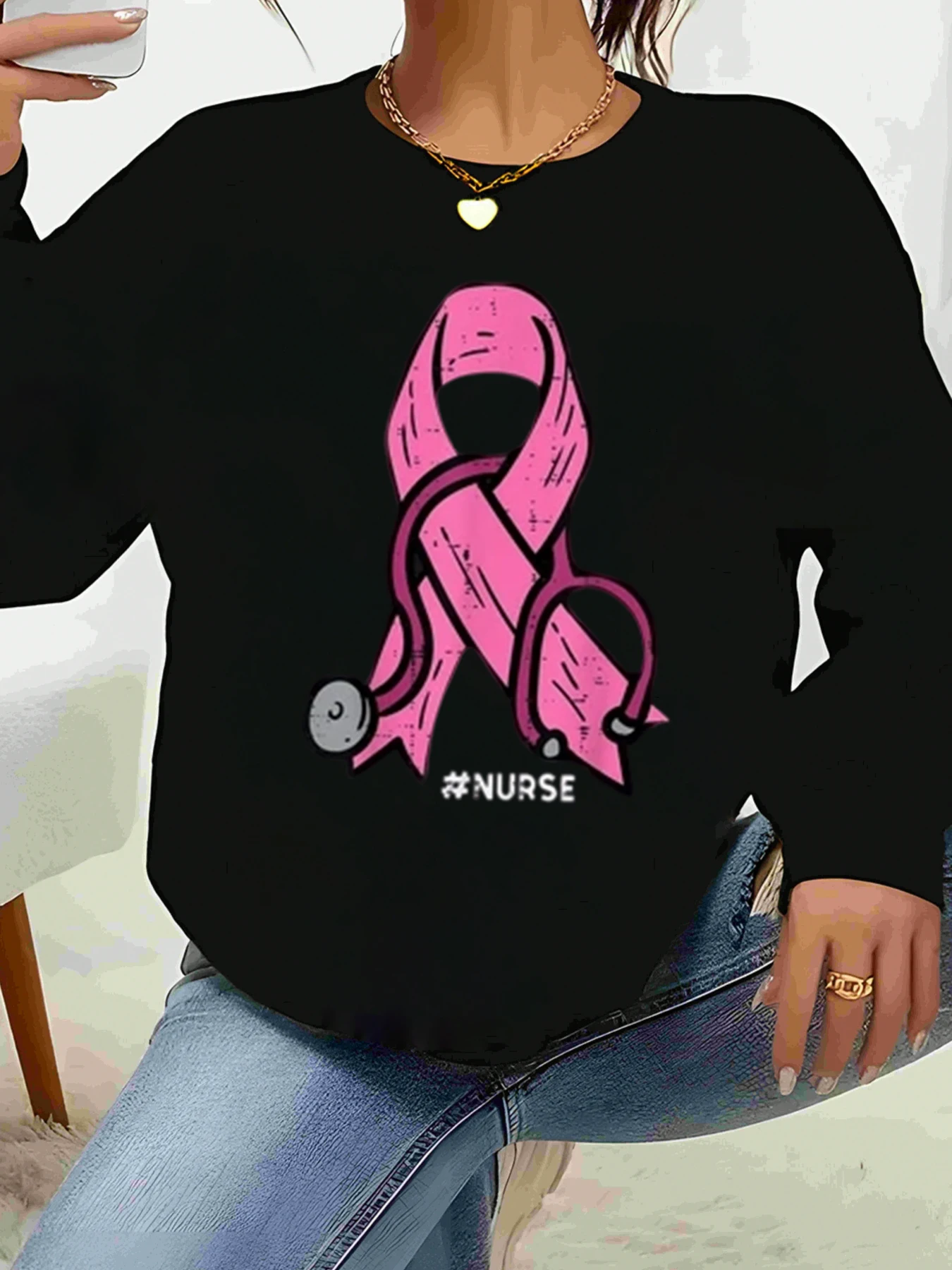 Roze lint stethoscoop verpleegster borstkanker bewustzijn trui met lange mouwen dames vrijetijdskleding voor verpleegkundigen en gezondheidszorgpersoneel