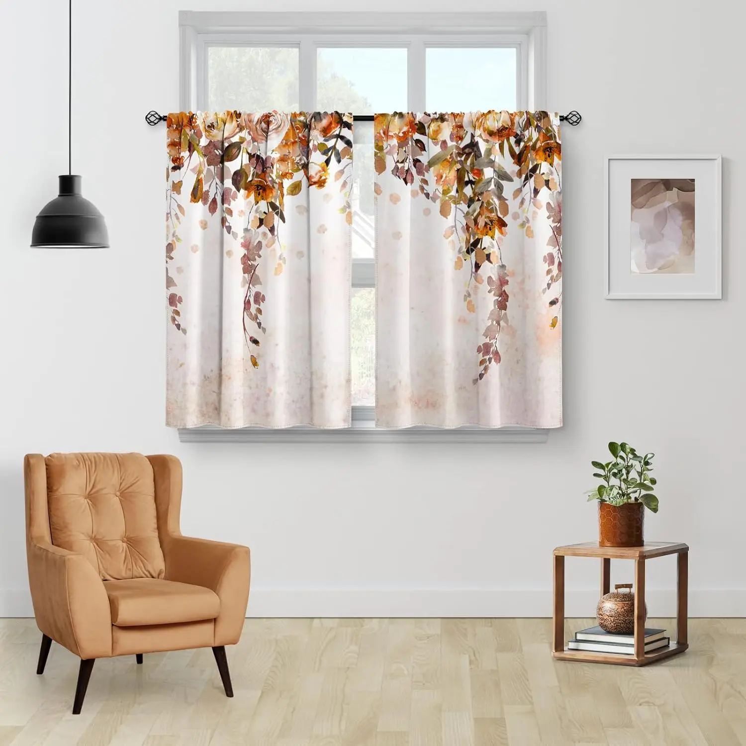 Fall Floral Leaves Kitchen Curtains - Rustic Watercolor Art Plant Flower Botanical Country Nature Short Cafe Tier Curtains Decor