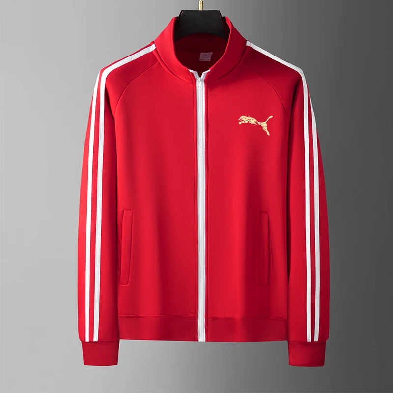 Men Casual Sports Jacket Stand Collar Full Zip 3 White Stripes Letter Graphic Print Long Sleeve Sportswear Male Training Daily