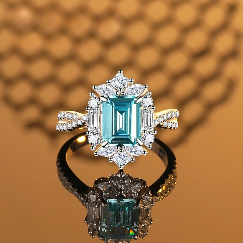 

Luxury High Carbon Diamond Rectangular Sea Blue PT950 Platinum Artificially Cultivated Gemstone Ring for Women