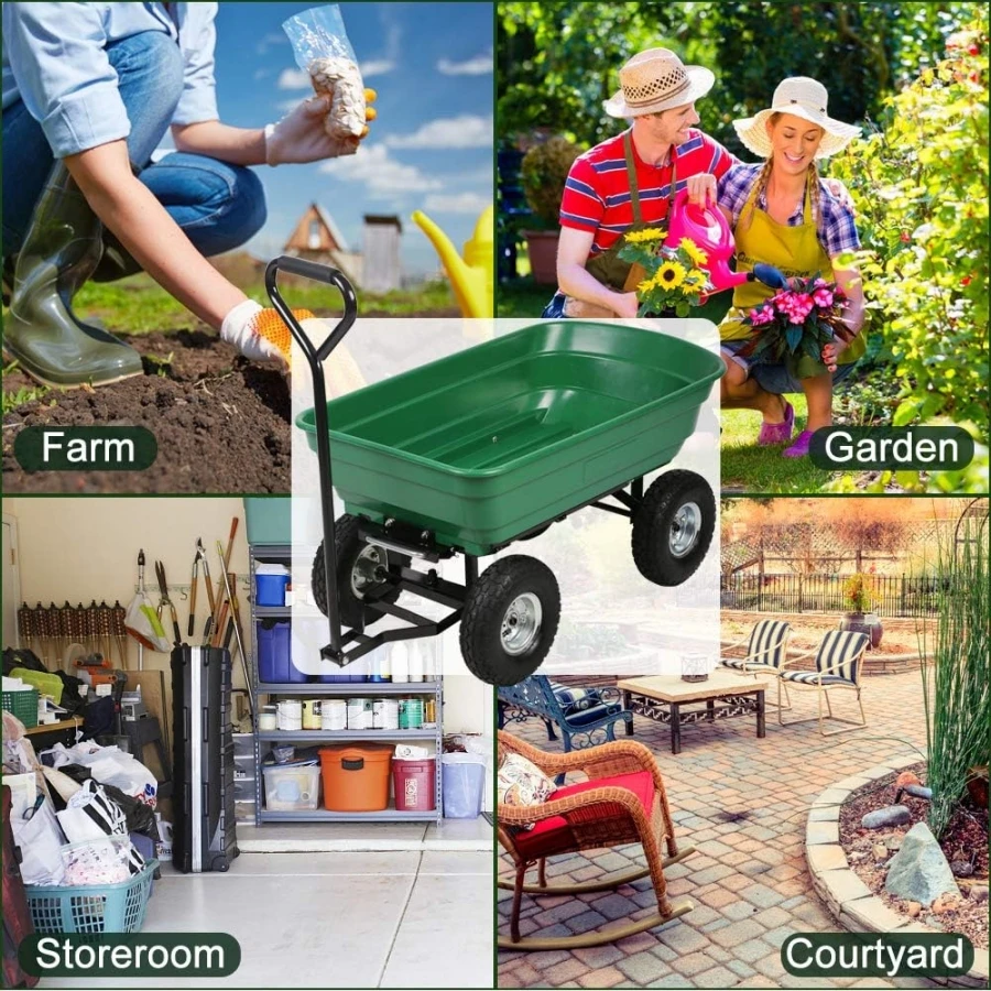 Garden Dump Cart, Heavy Duty Utility, Outdoor Lawn, Yard, Wagon Carrier with Sturdy Steel Frame, Wheelbarrow, 200kg Capacity