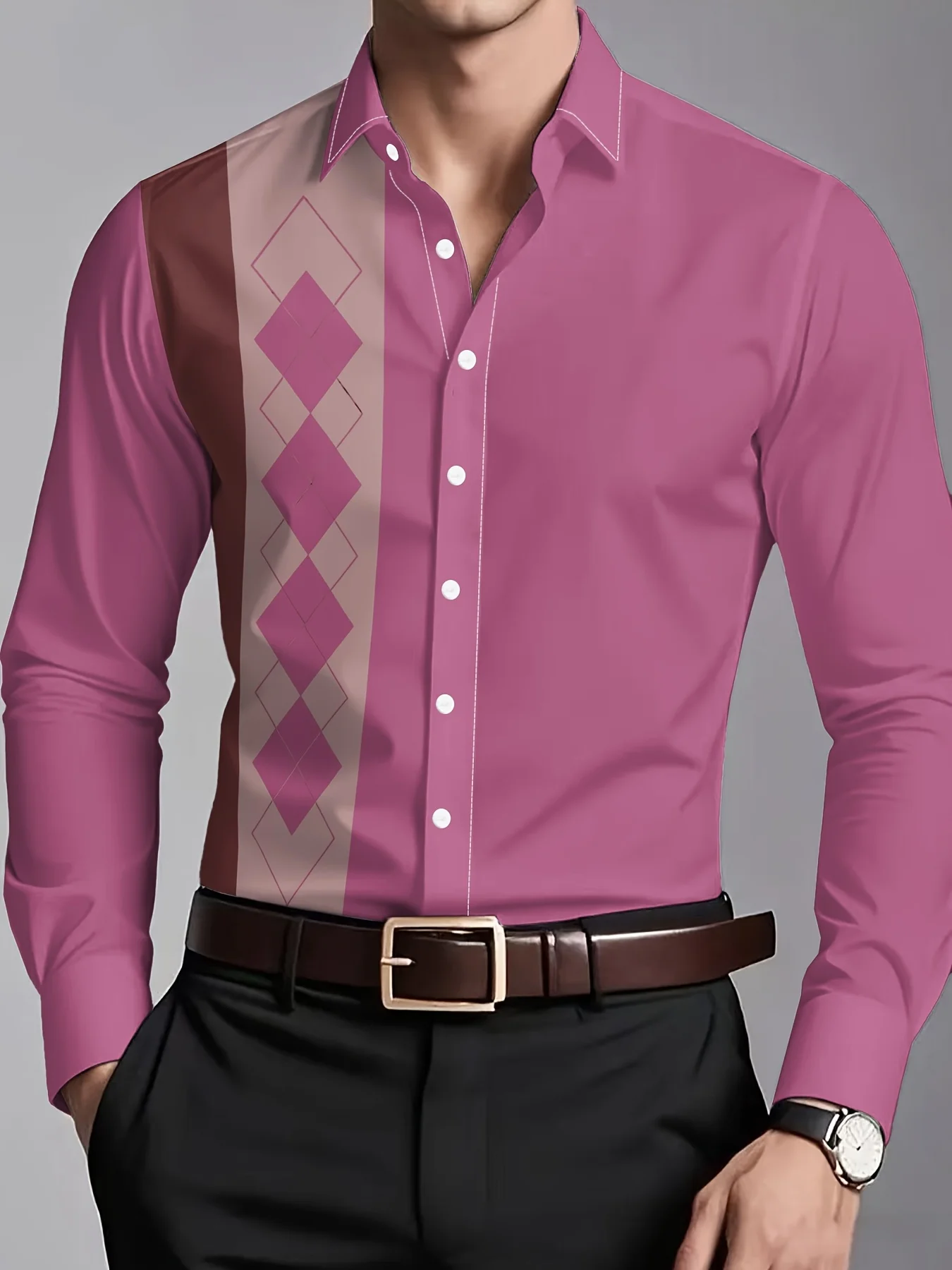 Men's Shirt Long Sleeve Purple Argyle Splice Print Turn‑Down Collar Button Front Loose Casual Autumn Streetwear Top Men Clothes