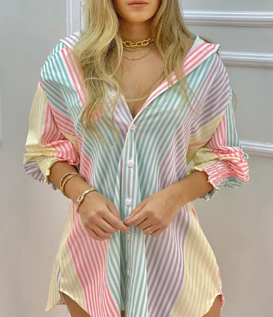 Women's Period Dress 2024 Summer Autumn Latest Colorful Striped Mini Shirt Skirt Elegant Wrapped Sleeve Loose Fit Short Skirt