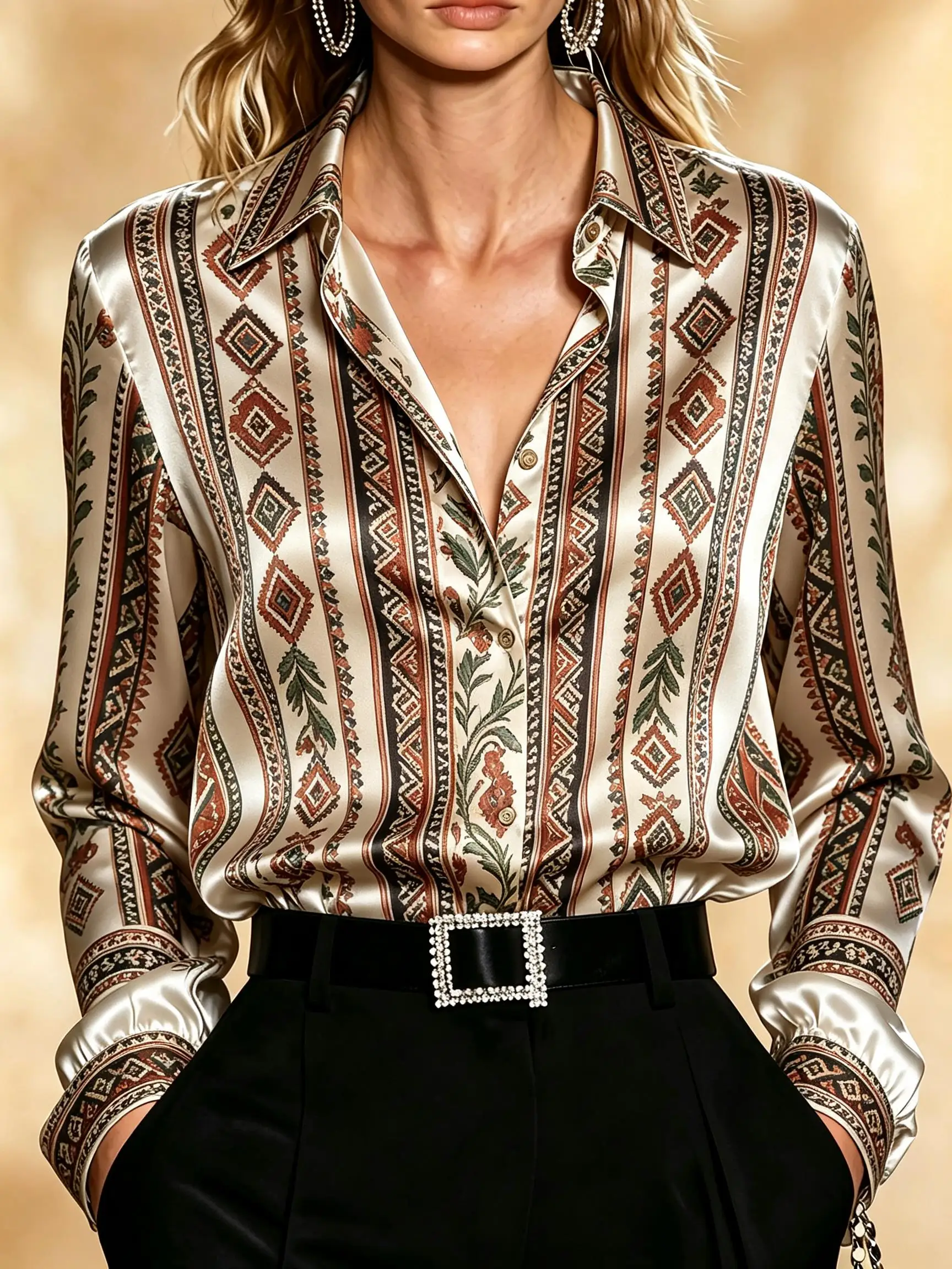 Women Long Sleeve Button‑Up Shirt Ethnic Striped Baroque Print Turn‑Down Collar Satin Blouse Tops