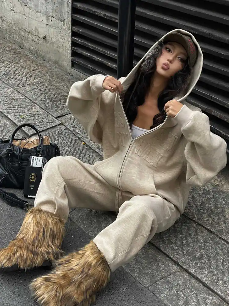 Retro Casual Sportswear Set, Women'S Autumn And Winter Loose Hooded Sweatshirt With Wide Leg Pants Two-Piece Set