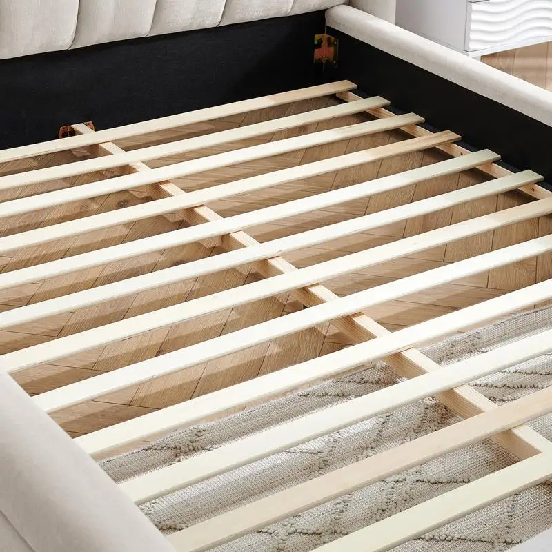 إطار سرير منجد بحجم كوين، سرير بمنصة سميكة من قماش الشنيل مع لوح رأسي، هيكل صلب، بيج، الأبعاد: