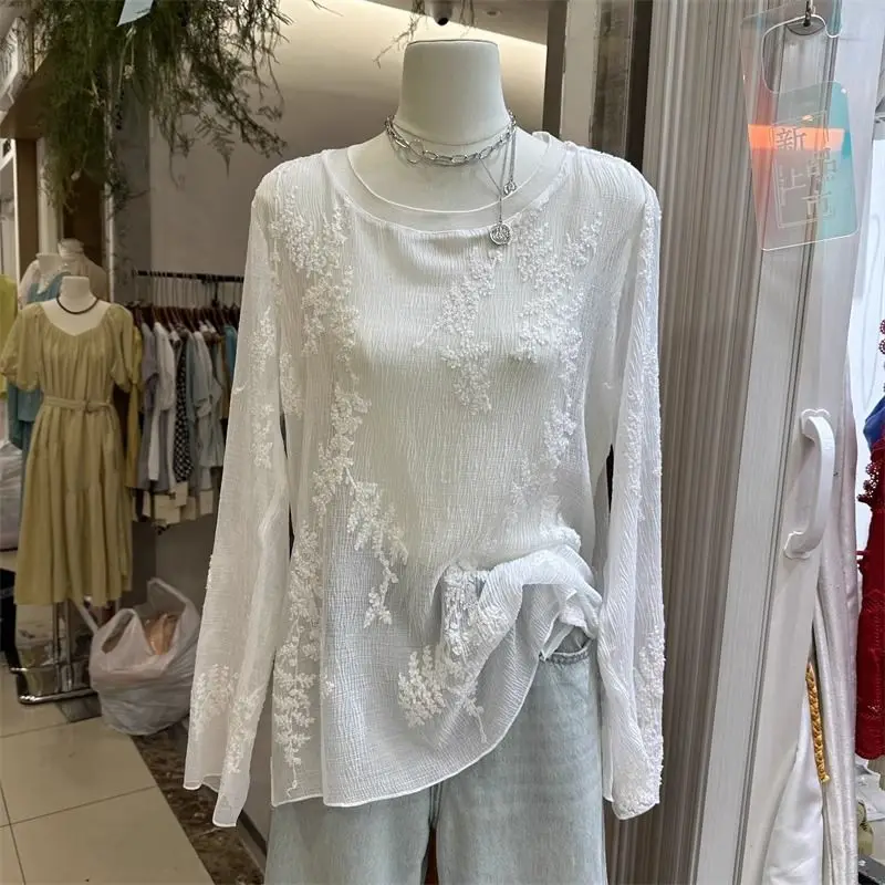 

Floral Embroidery Blouse Women Clothes Long Sleeve Lace Tshirts O-neck See Through Sexy Tops Chic See Through Blouses Ropa Mujer