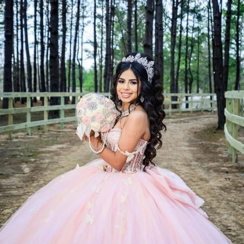 Roze Prinses Quinceanera Jurken Baljurk Van De Schouder Tule Appliques Sweet 16 Jurken 15 Años Mexicaans