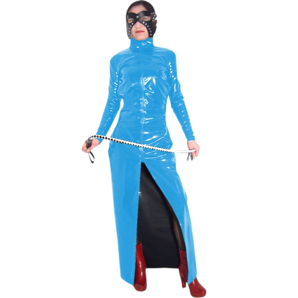 Bodysuit Turtleneck untuk pria dan wanita, mantel panjang, parit PVC mengkilap, tampilan basah seksi, gaun Maxi fantasi, kostum Cosplay Halloween