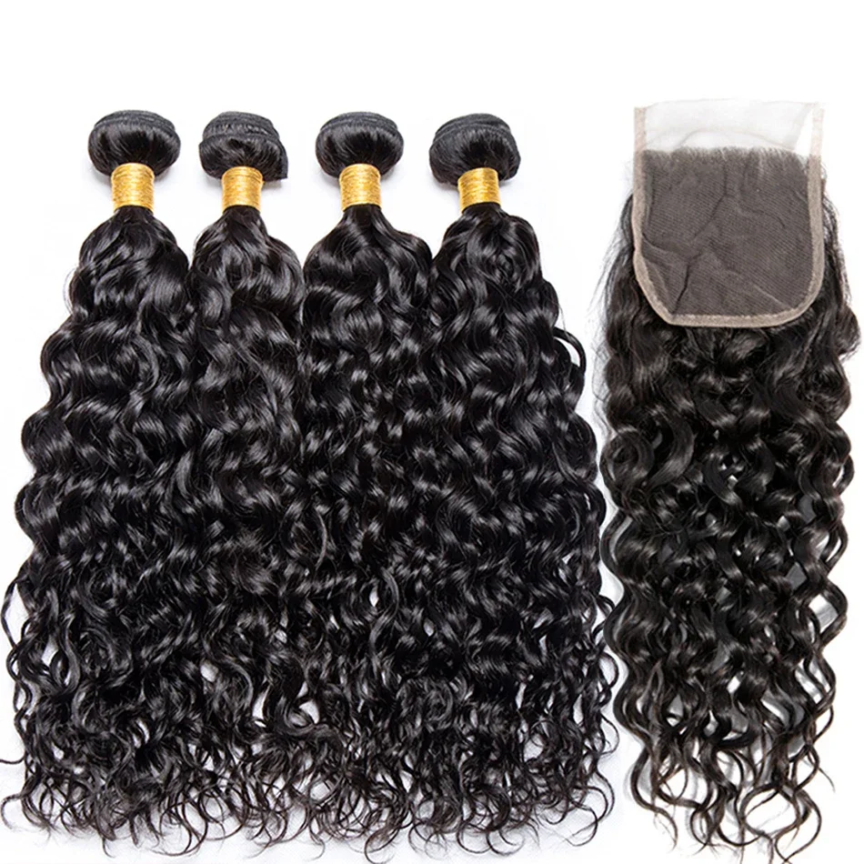 Malaio Water Wave Bundles com Encerramento, Molhado e Ondulado, Cabelo Humano Encaracolado, Encerramento Frontal, Remy Hair Weave Extensões